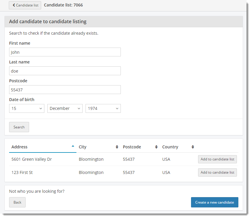 More than one candidate found in search. Select desired candidate.